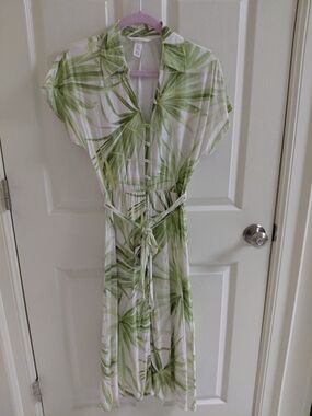 H&M White Midi Dress with Green Palm Print